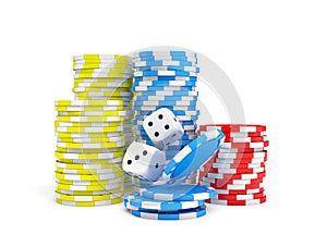 3d rendering of four different ace cards with casino chip stacks and white dice.