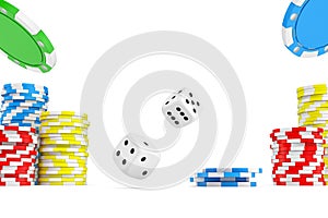 3d rendering of four different ace cards with casino chip stacks and white dice.