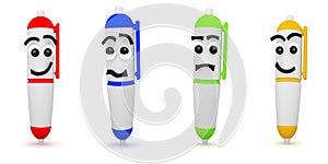 3D Rendering of four funny pens on white