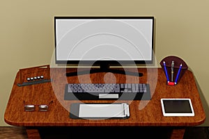 3D Rendering Full Office Background For Mock Up and  Advertisement Object. Blank Computer, some object and some colors.