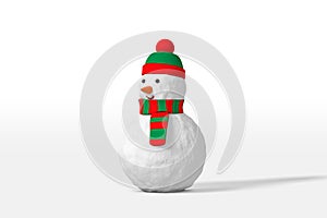3d rendering of a funny snowman in a hat and scarf of red green color isolated on a white background. Cartoon minimalistic toy