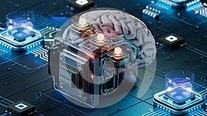 3D rendering of a futuristic design of an AI brain with a circuit board