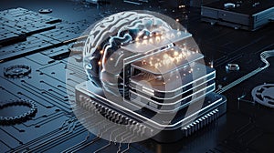 3D rendering of a futuristic design of an AI brain with a circuit board