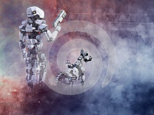 3D rendering of a futuristic robot cop with dog.