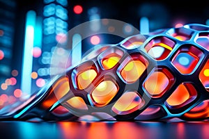 A 3D rendering of a futuristic structure in a city at night