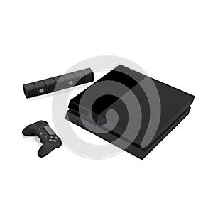 3D rendering of a gaming console and controller setup against a white background.