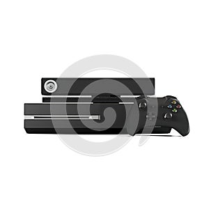3D rendering of a gaming console and controller setup against a white background.