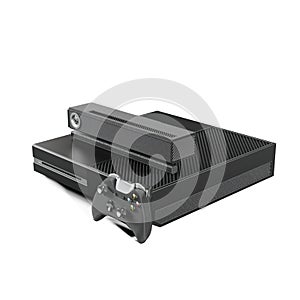 3D rendering of a gaming console and controller setup against a white background.