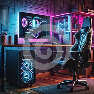 3D rendering of a gaming room in neon light