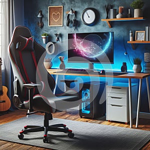 3D rendering of a gaming room in neon light