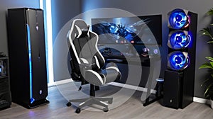 3D rendering of a gaming room in neon light