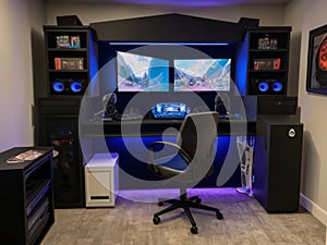 3D rendering of a gaming room in neon light