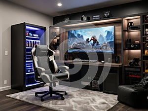 3D rendering of a gaming room in neon light