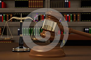 3D rendering of gavel, law scales and books