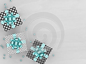 3d rendering of gift boxes with blue ribbon