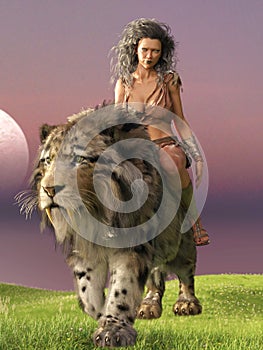 3d-illustration of a girl riding a sabre-toothed tiger