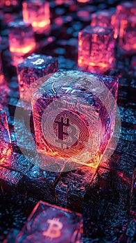 3D rendering of glowing Bitcoin cubes in a digital blockchain network