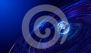 3D rendering of glowing digital earth, particle flow universe vortex, network technology big data background.