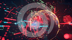 A 3D rendering of a glowing Earth surrounded by a complex network of red and blue lines, representing global data f