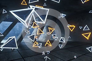 3d rendering, glowing magic triangles in abandoned room, dark background