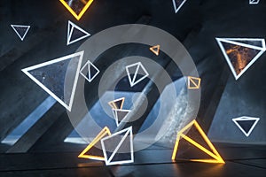 3d rendering, glowing magic triangles in abandoned room, dark background