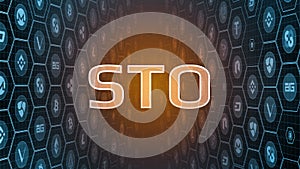3D Rendering of glowing Security Token Offering STO text on perspective digital crypto currency coins background. photo