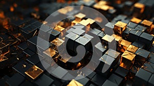 3d rendering of gold and black cubes on a black background