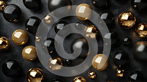 3D rendering of gold and black glass spheres on a dark pic