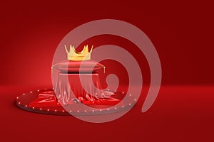 3d rendering of a gold crown on a red royal pillow lying on a small table which stands on a red dias on red background. photo