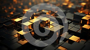 3d rendering of gold cubes on black background