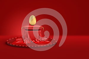 3d rendering of a gold egg on a red royal pillow lying on a small table which stands on a red dias on red background. photo