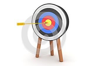 3D Rendering of golden arrow hitting the center of a target