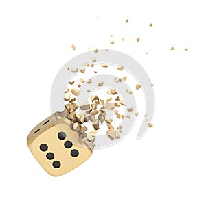 3d rendering of golden casino dice shattering into small pieces isolated on white background