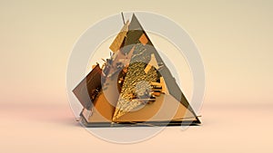 3D rendering of a Golden pyramid with currency symbols. Illustration of a financial pyramid, its unreliability and destruction. photo