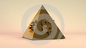 3D rendering of a Golden pyramid with currency symbols. Illustration of a financial pyramid, its unreliability. Gold monument on a photo