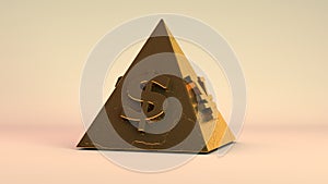 3D rendering of a Golden pyramid with currency symbols. Illustration of a financial pyramid, its unreliability. Gold monument on a photo