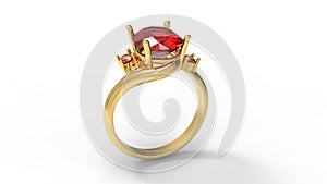3D rendering - Golden ring with a large ruby gemstone