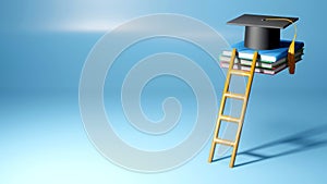 3D Rendering of Graduation Cap  Books and staircase on blue background. Realistic 3d shapes. Education concept. Efforts to