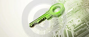 A 3D rendering of a green digital key with a circuit board pattern on a white background.