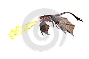 3D rendering of a green dragon or wyvern in flight breathing fire isolated on white