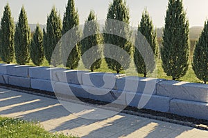 3d rendering of a green garden bounded by thuja treeline and granite ashlars photo
