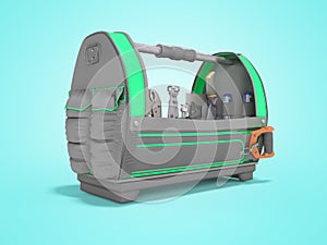 3D rendering green open tool bag for repair tools on blue background with shadow