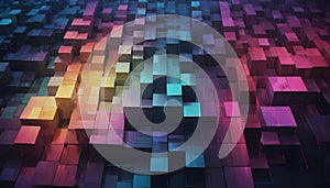 3D rendering of a grid of colorful cubes, creating a textured and abstract background. The cubes are arranged in a