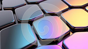 A 3D rendering of a grid of hexagonal objects with a gradient color scheme.
