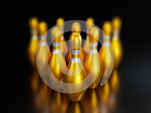 3d rendering-Group of Gold Bowling Pins on black background
