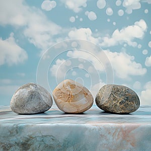 3D rendering of a group of stones on the background of the sky