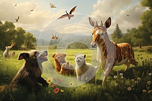 3D rendering of a group of wild animals in a meadow, A cute dog watches a movie on a laptop screen, creating an adorable scene, AI