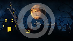 3D rendering Halloween background with haunted house, bats and pumpkins, graves, at misty night spooky with fantastic big moon in