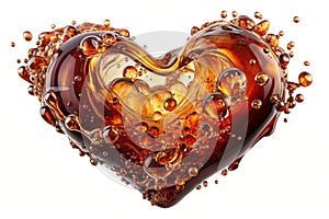 Heart from cola splash with bubbles isolated on white background