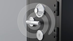 A heavy-duty metal safe with a combination lock and keyhole.